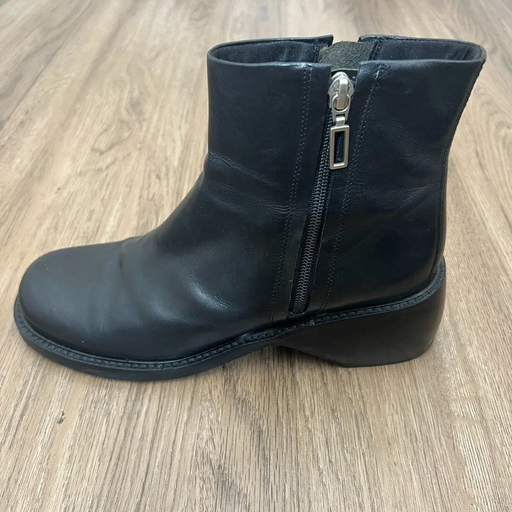 Black Leather Ankle Boots Side Zip Block Heel Moto Biker‎ Boots Women's 9.5